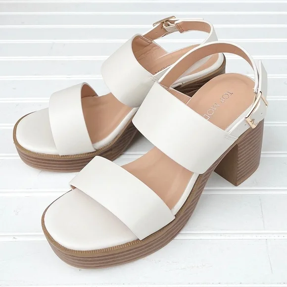 New Ivory Beige Platform Chunky Heel Sandals - Picture 2 of 4